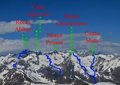 Itinerari Rocca Abisso, Cima lago oro, Chiamossero, Ciotto Mien, visti dalla Cima Pepino